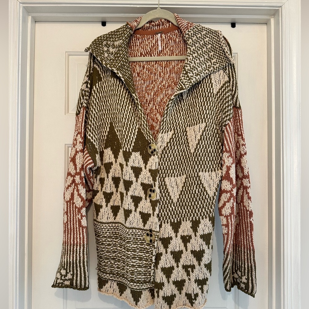 Free People Olive and Cream Geometric Cardigan